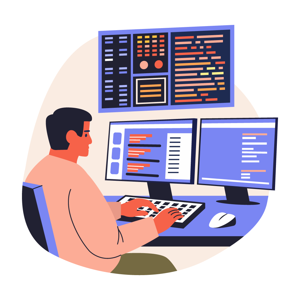 Developer writing code on a dual-monitor workstation